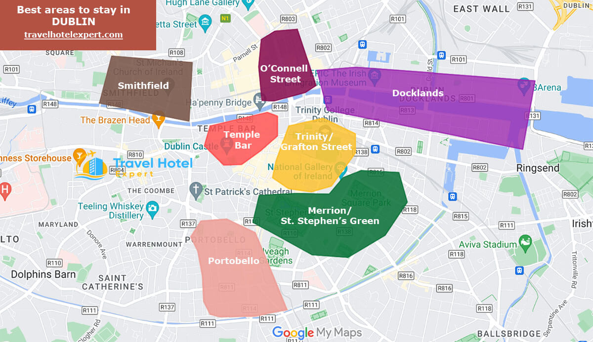 Map of the best areas to stay in Dublin without a car