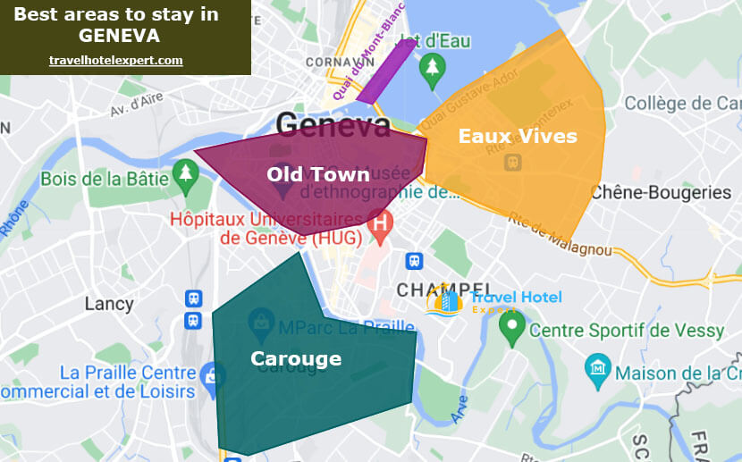 Map of the safe areas to stay in Geneva first time