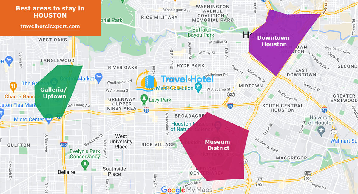 Map of the best areas to stay in Houston for families with kids
