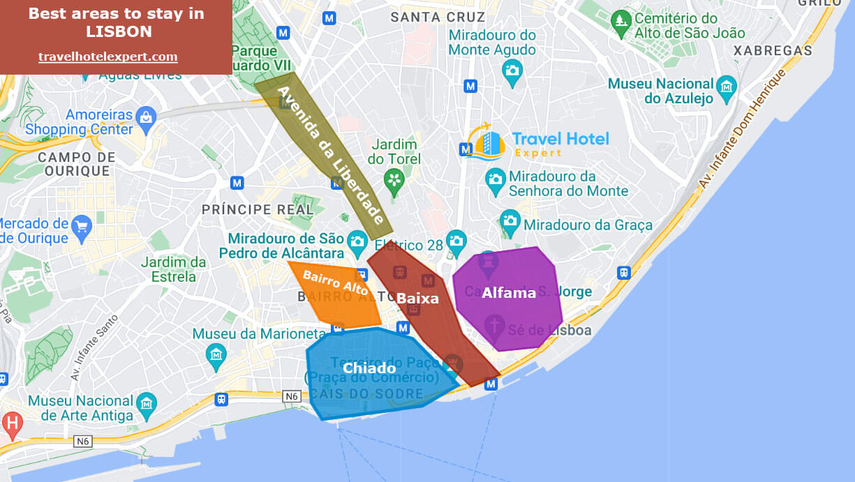 Map of the best areas to stay in Lisbon first time