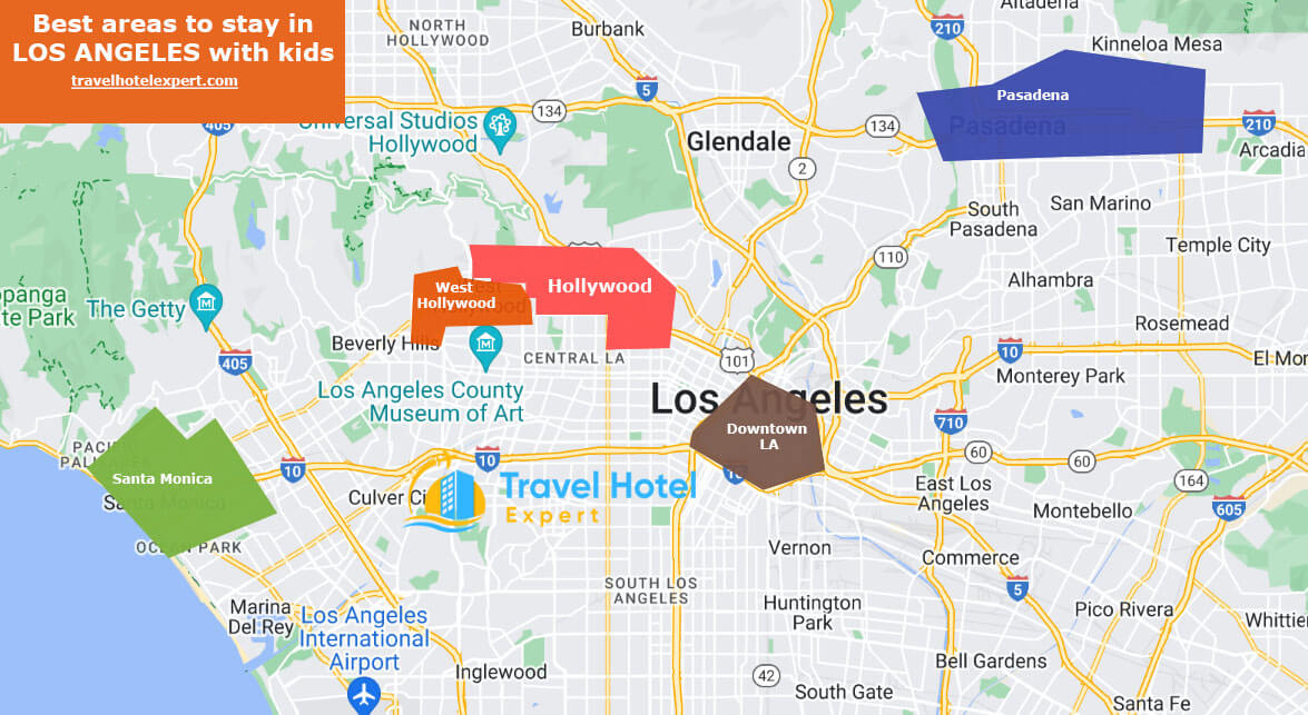 Map of the best areas to stay in Los Angeles for families with kids