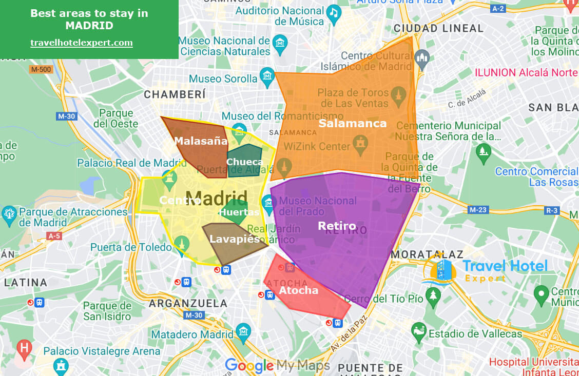 Map of the safe areas to stay in Madrid first time