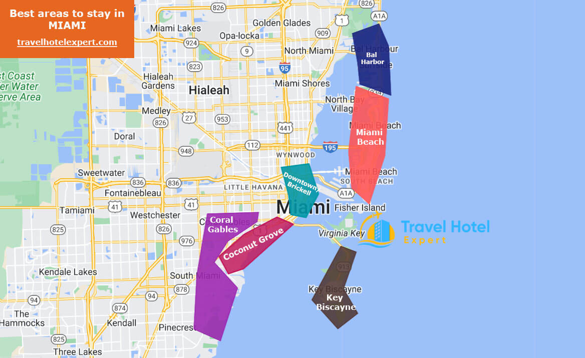 Map of the best areas to stay in Miami for families with kids
