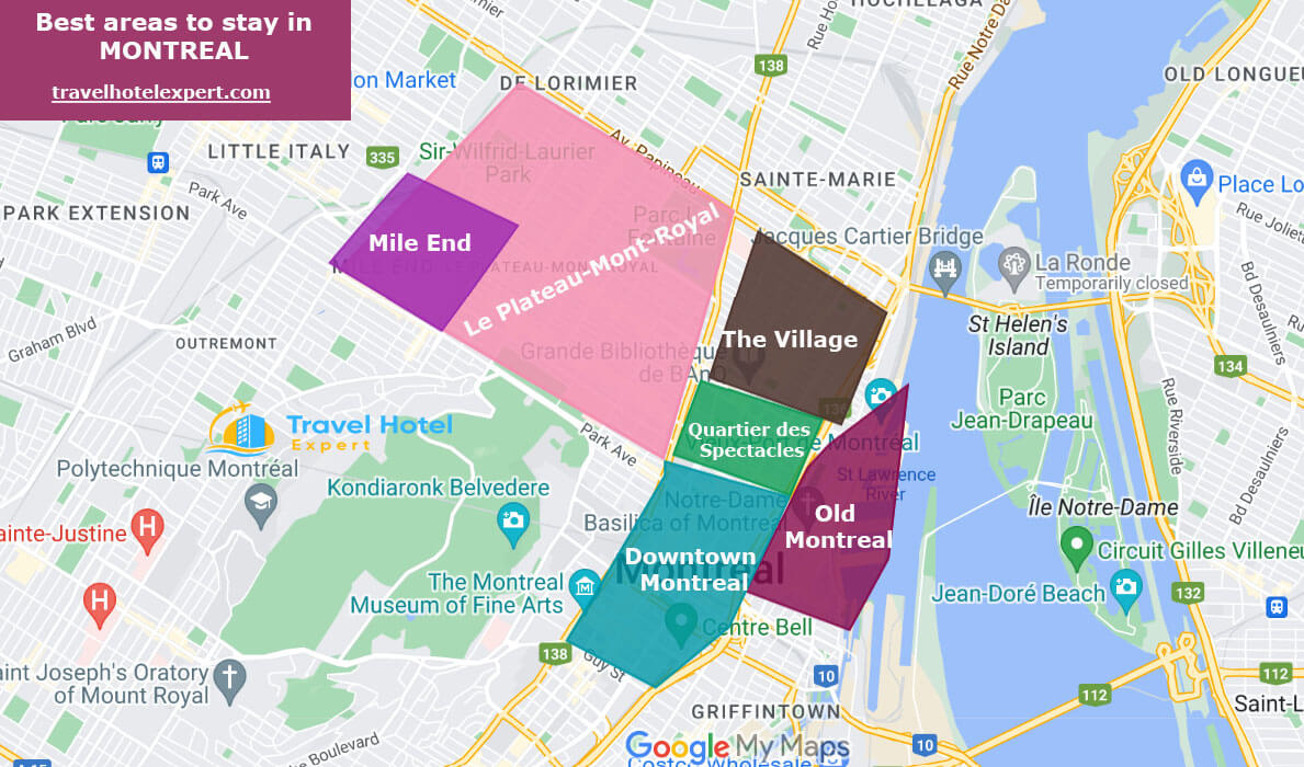 Map of the best areas to stay in Montreal without a car