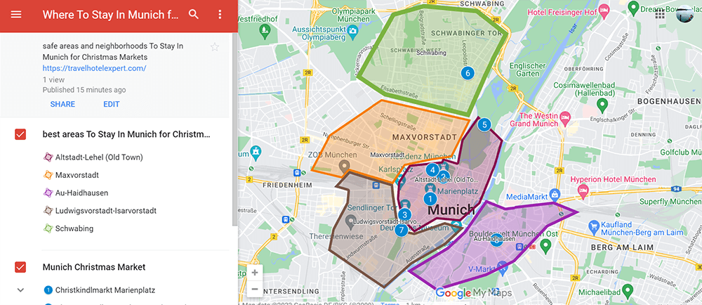 Map of the safe areas to stay in Munich for Christmas Markets