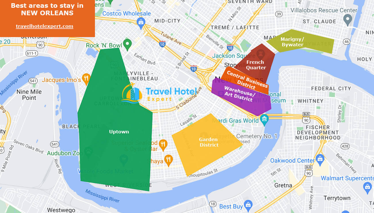Map of the best areas to stay in New Orleans for families with kids