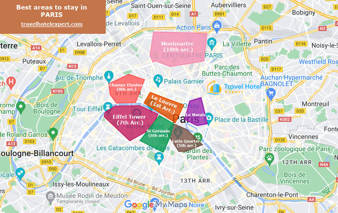Map of the safe areas to stay in Paris first time