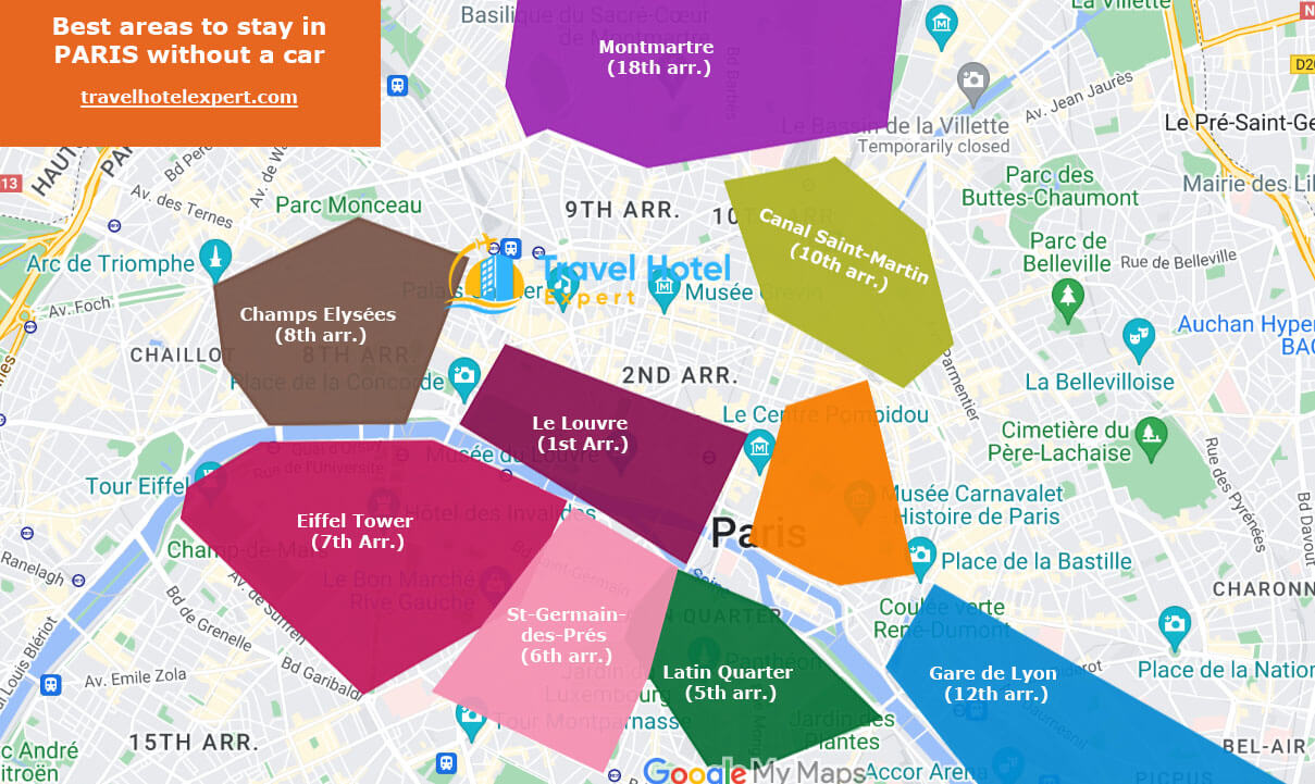 Map of the best areas to stay in Paris without a car