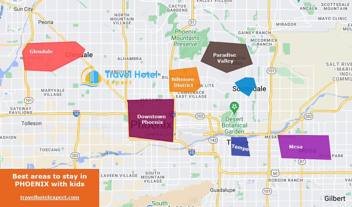 Map of the best areas to stay in Phoenix for families with kids