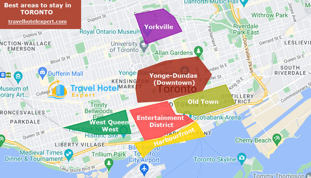 Map of the best areas to stay in Toronto without a car