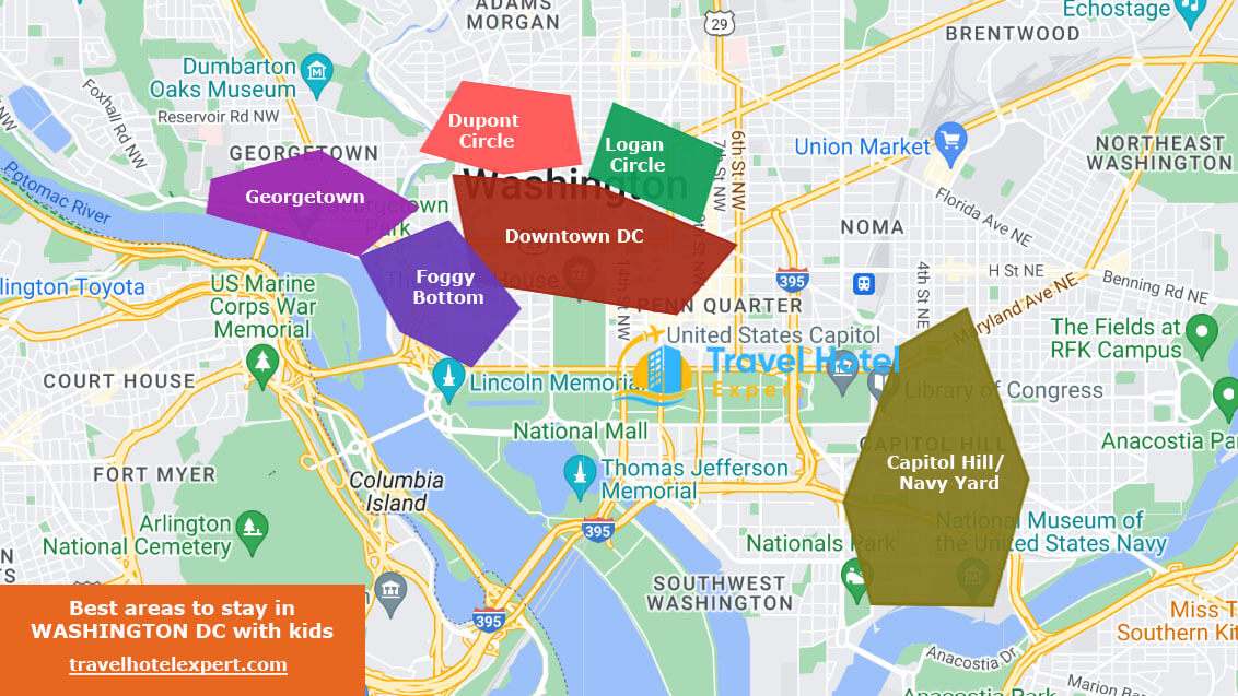 Map of the best areas to stay in Washington DC for families with kids