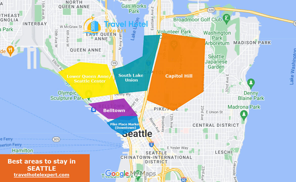 Map of the best and safest areas to stay in Seattle first time
