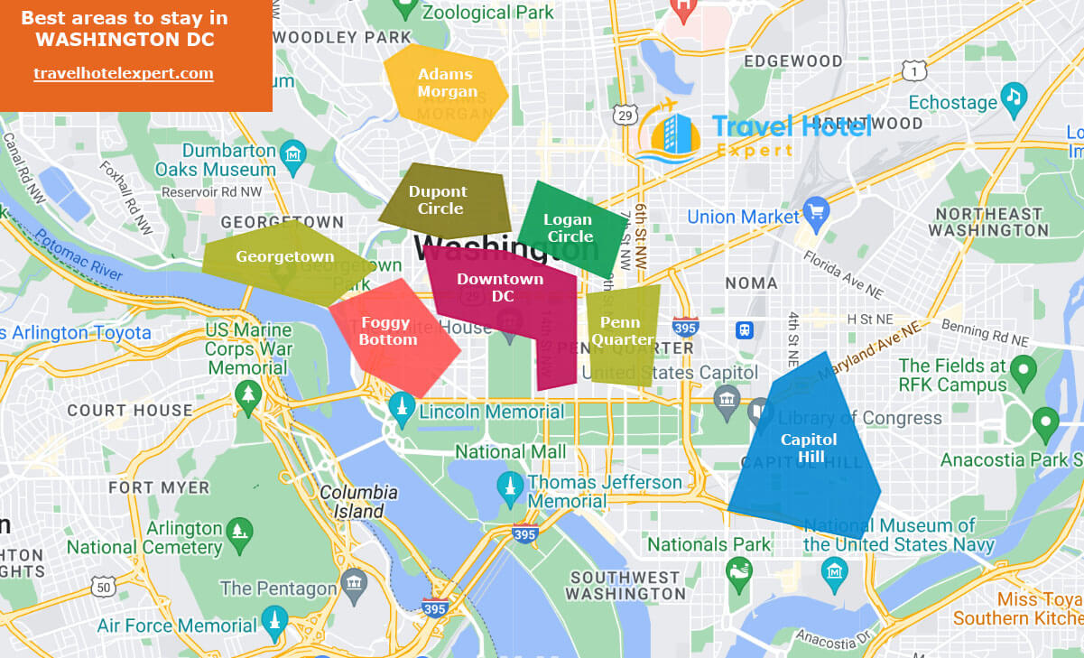 Map of the best and safest areas to stay in Washington DC first time