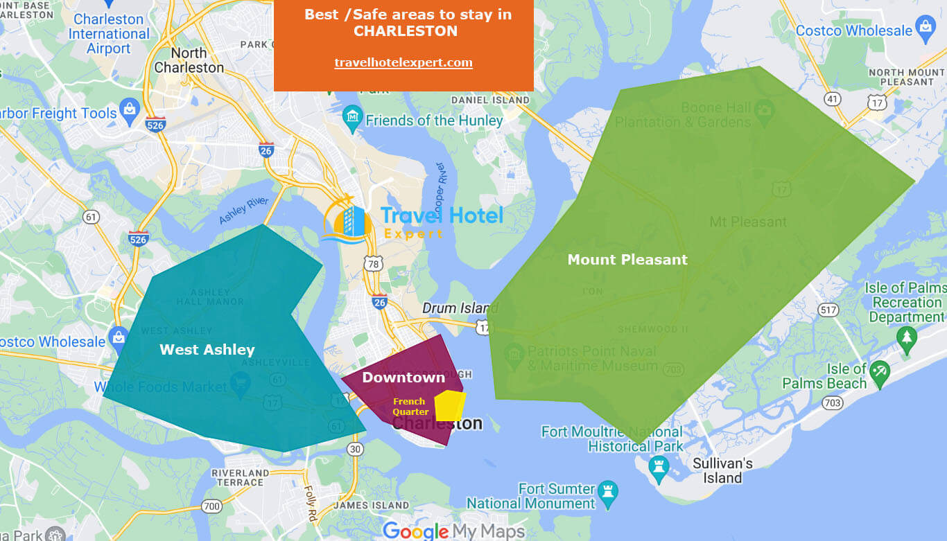 Map of the safe areas to stay in Charleston first time