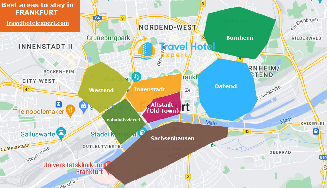 Map of the safe areas to stay in Frankfurt first time travelers