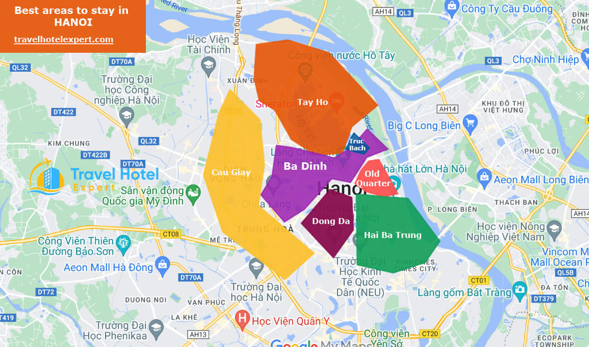 Map of the best areas to stay in Hanoi for tourists and first time