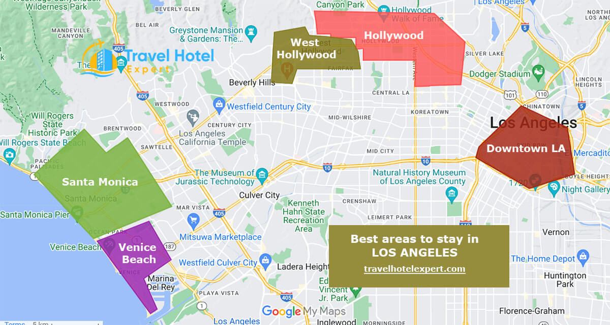 Map of the best areas to stay in Los Angeles without a car
