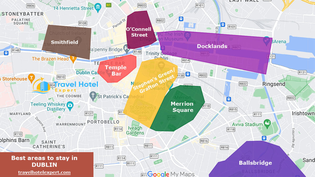 Map of the safe areas to stay in Dublin first time