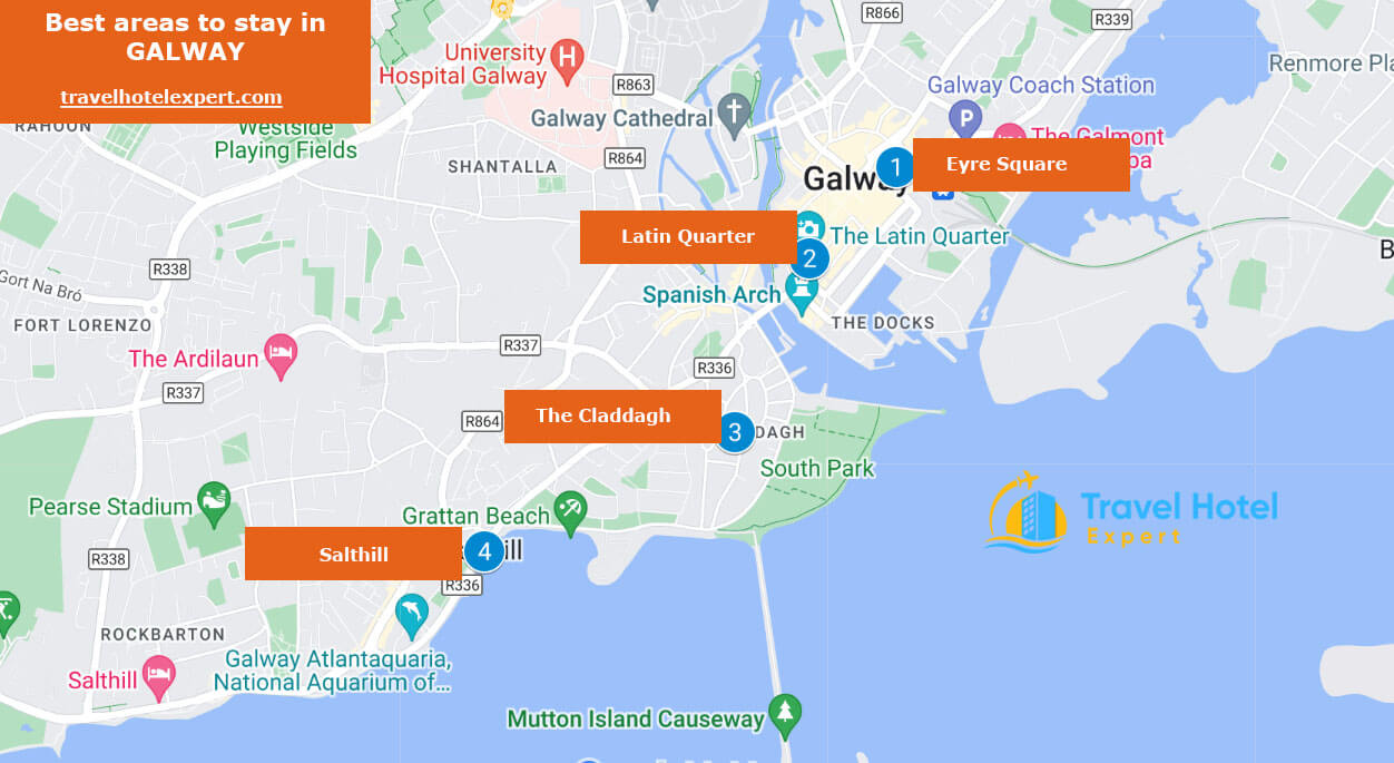 Map of the best areas to stay in Galway without a car