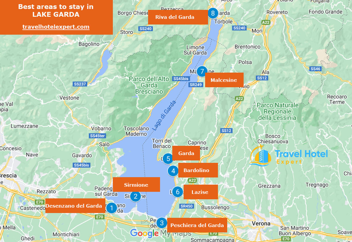 Map of the best areas to stay in Lake Garda without a car