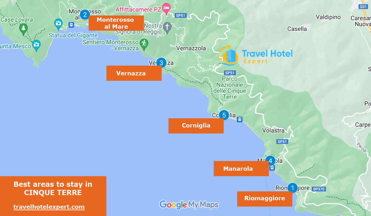 Map of the best areas to stay in Cinque Terre without a car