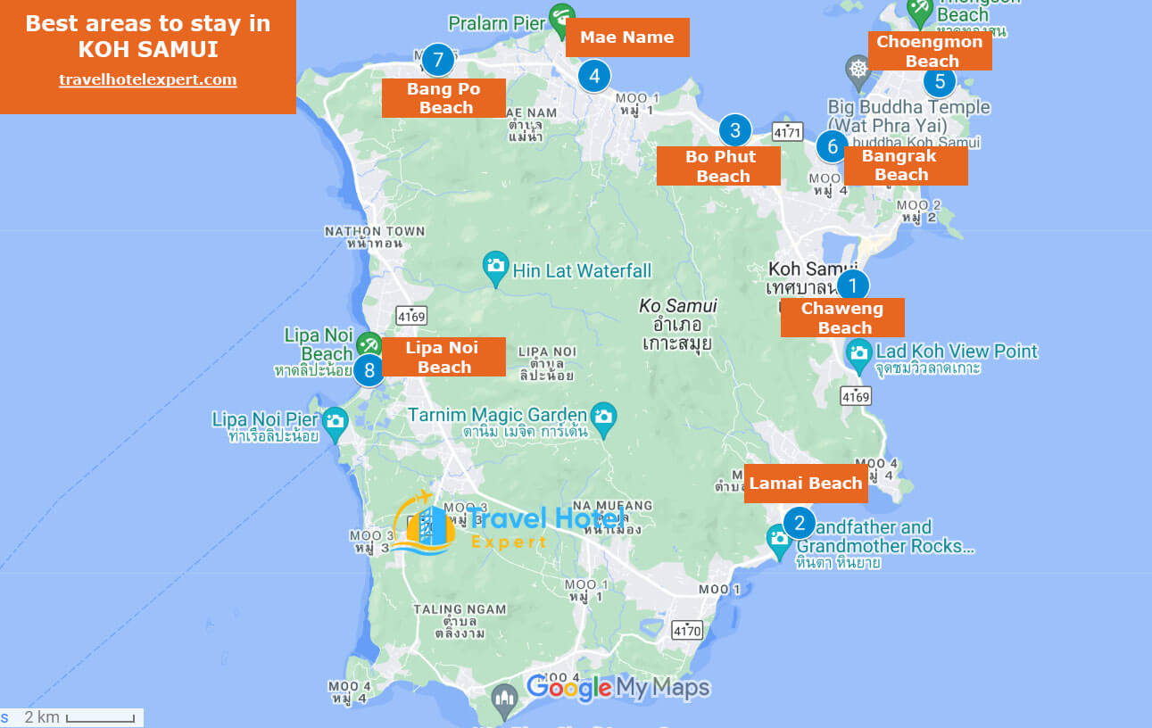 Map of the safe areas to stay in Koh Samui first time