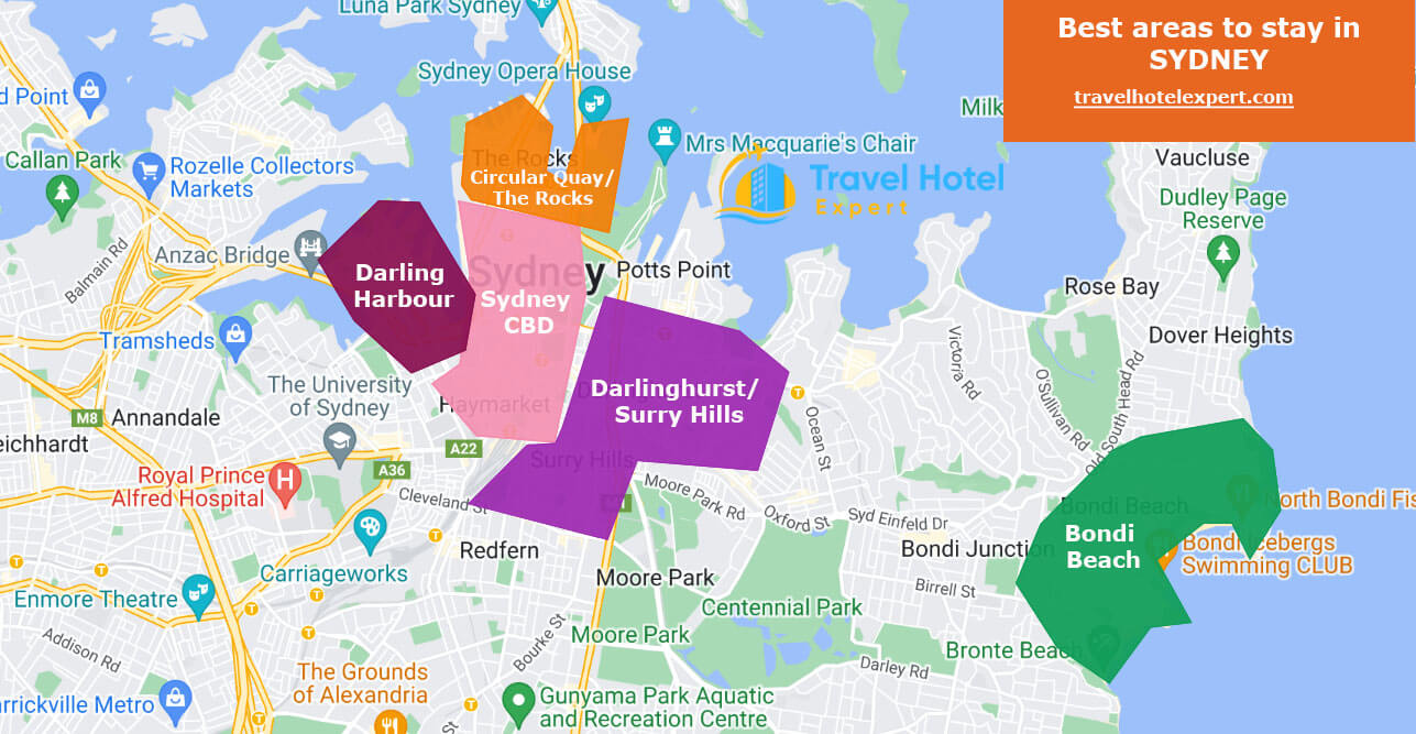 Map of the best areas to stay in Sydney for families with kids