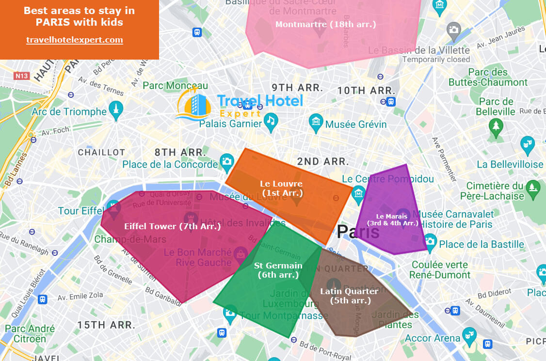 Map of the best areas to stay in Paris for families with kids