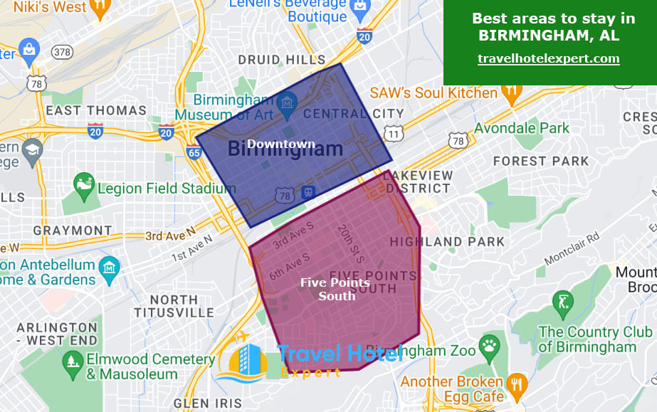 Map of the safe areas to stay in Birmingham, AL first time