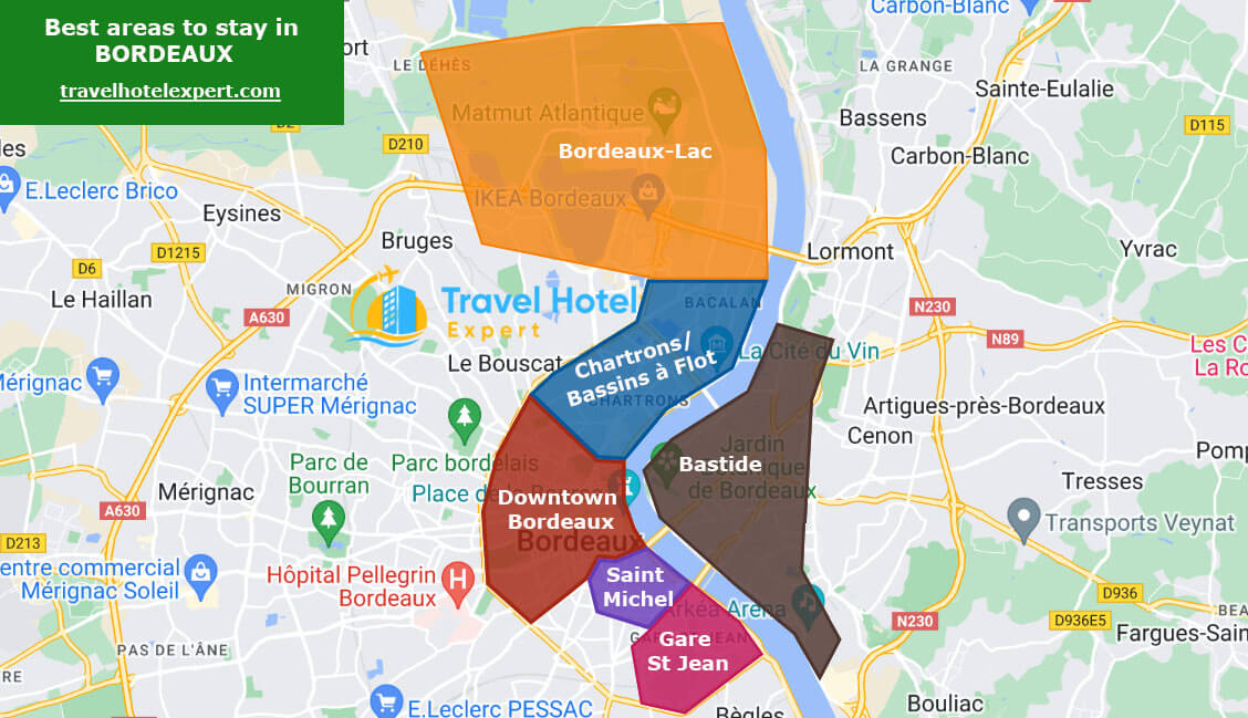 Map of the safe areas to stay in Bordeaux first time