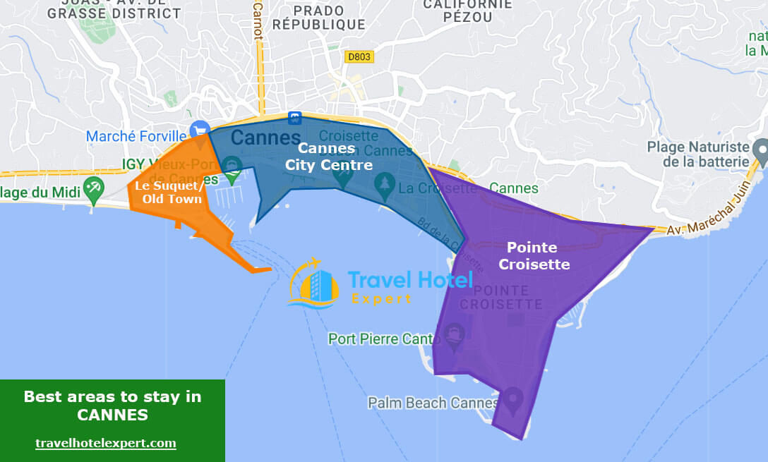 Map of the safe areas to stay in Cannes first time