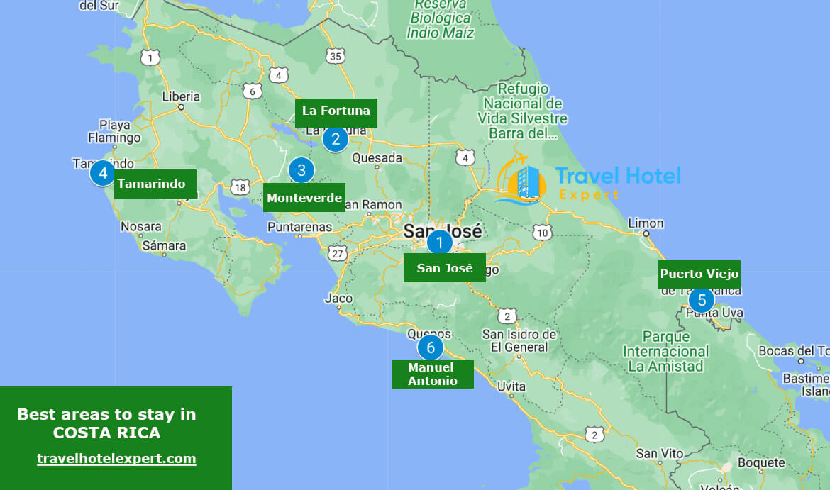 Map of the safe areas to stay in Costa Rica first time