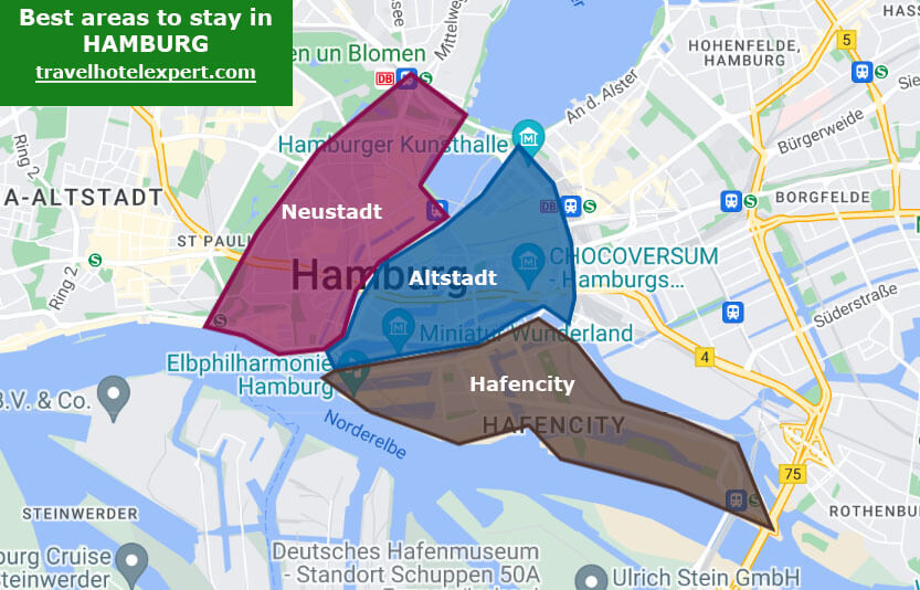 Map of the safe areas to stay in Hamburg first time