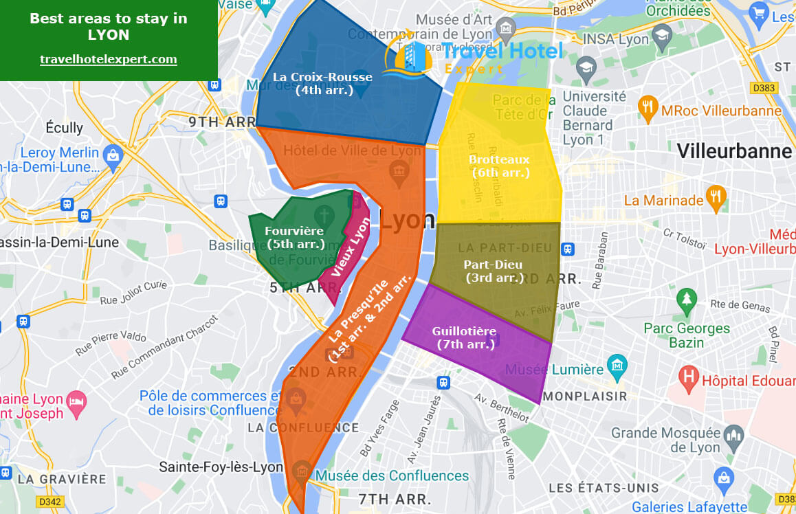 Map of the safe areas to stay in Lyon first time