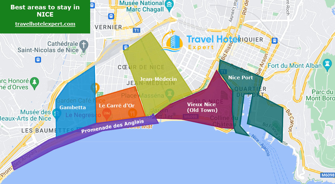 Map of the safe areas to stay in Nice first time