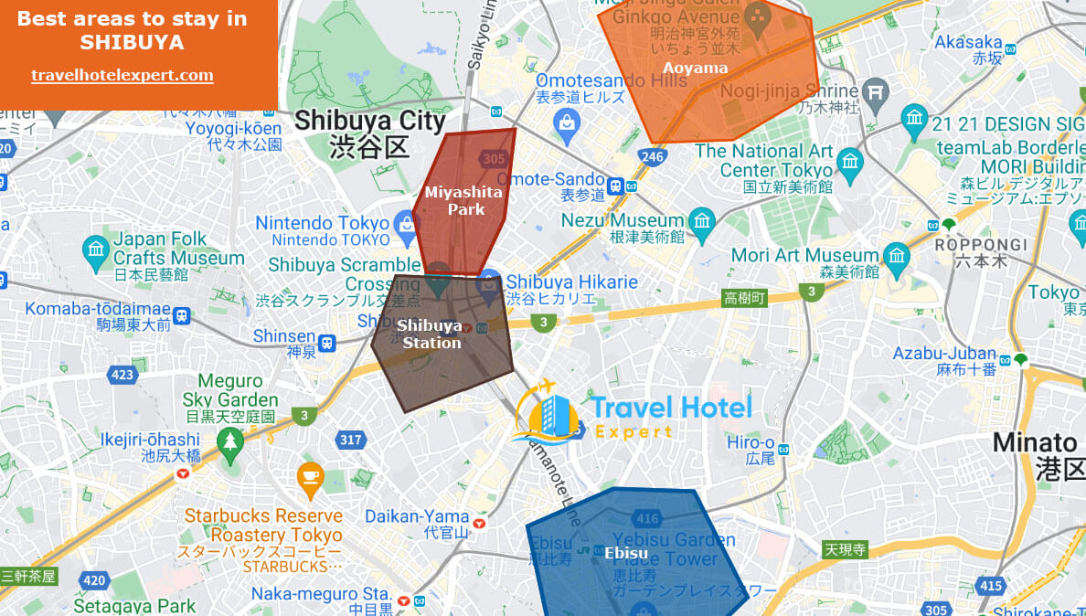 Map of the safe areas to stay in Shibuya first time