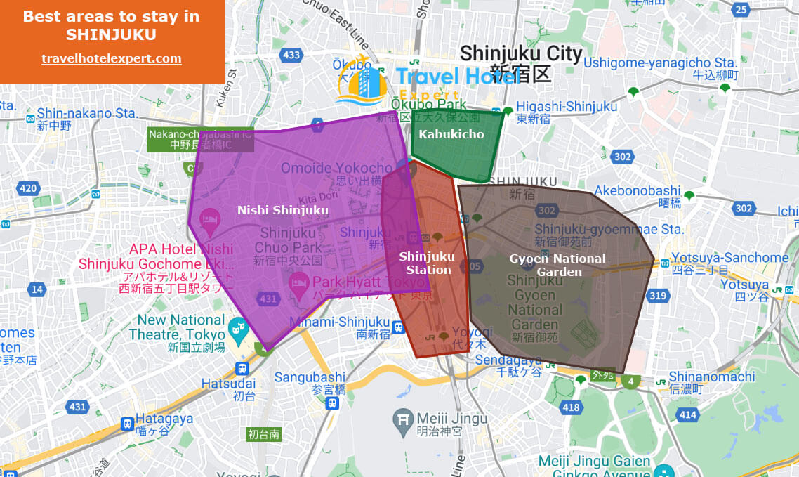 Map of the safe areas to stay in Shinjuku first time