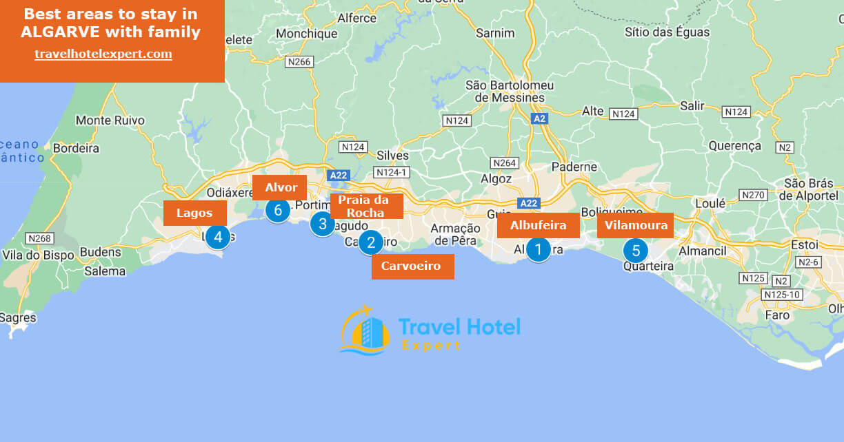 Map of the best areas to stay in the Algarve for families with kids