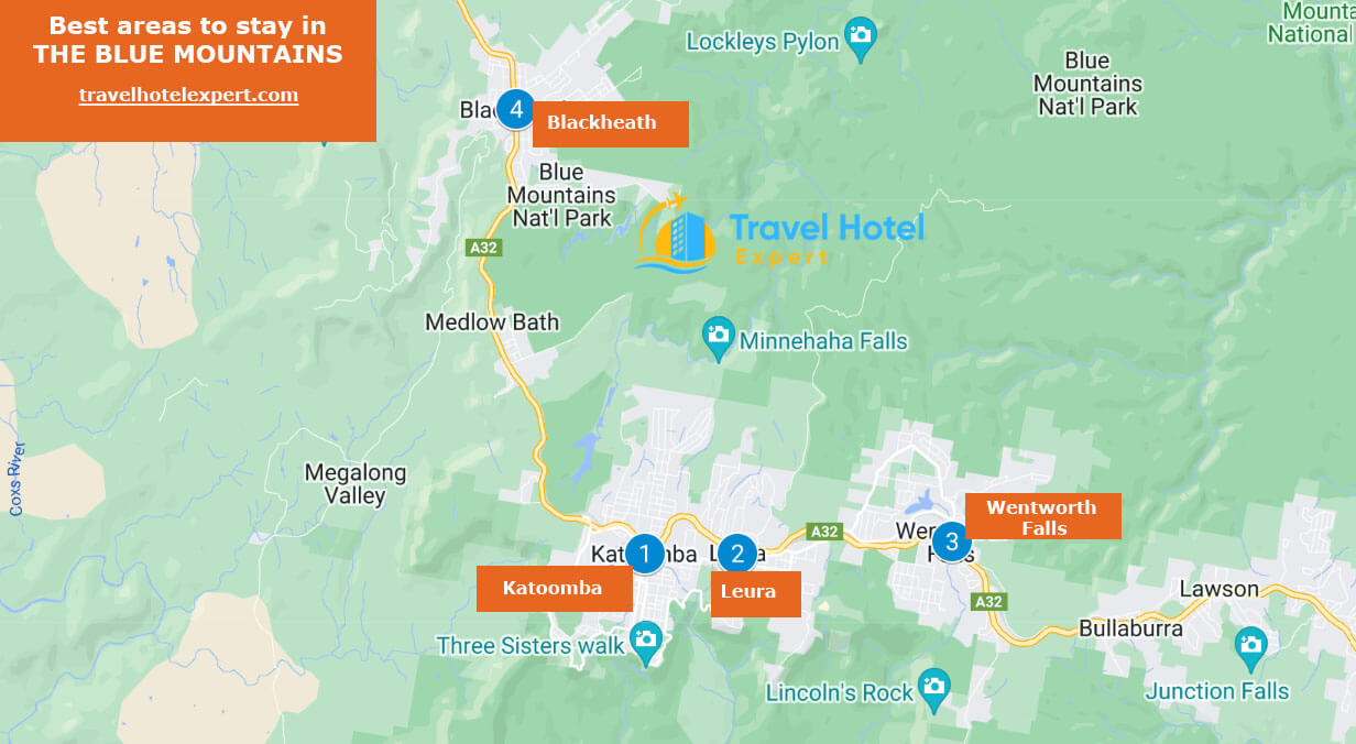 Map of the safe areas to stay in Blue Mountains first time