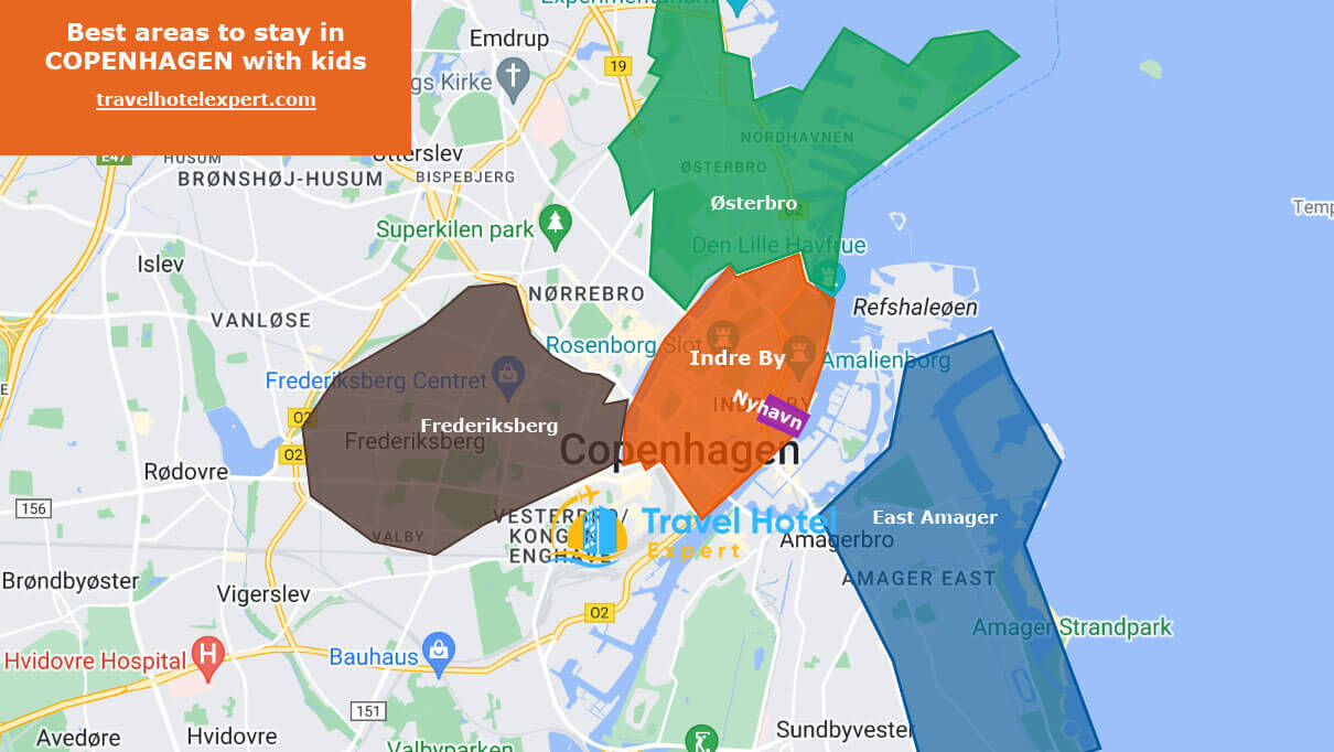 Map of the best areas to stay in Copenhagen for families with kids