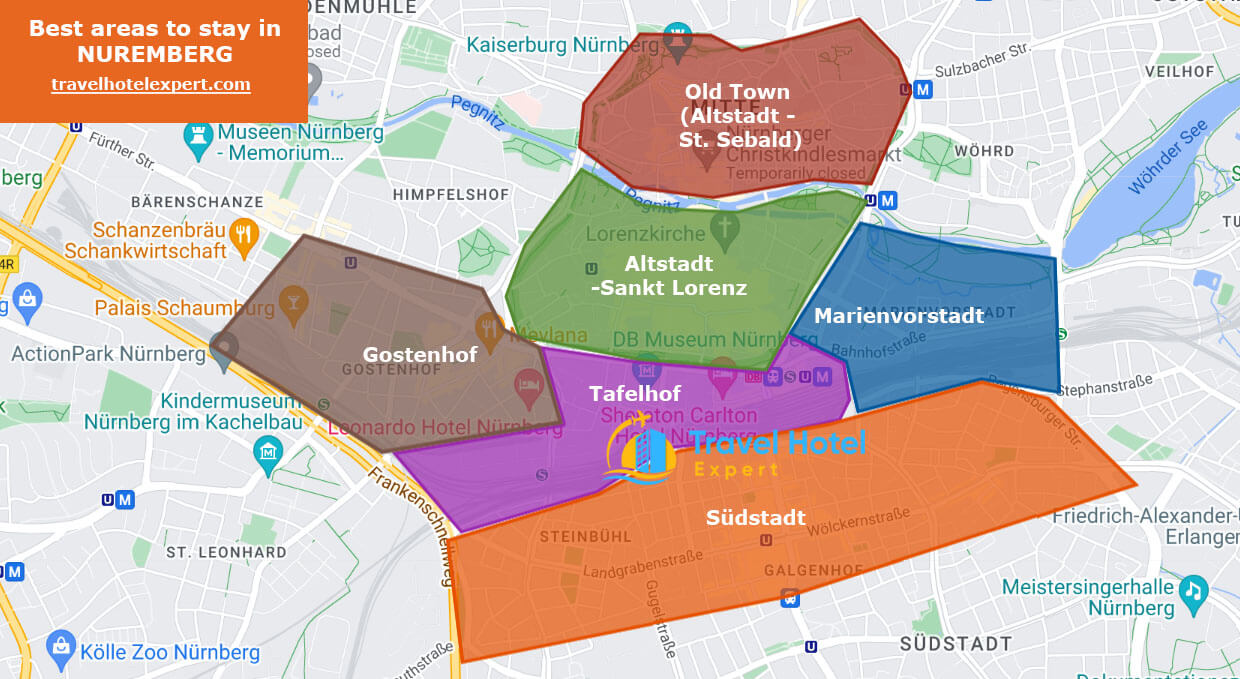 Map of the safe areas to stay in Nuremberg first time