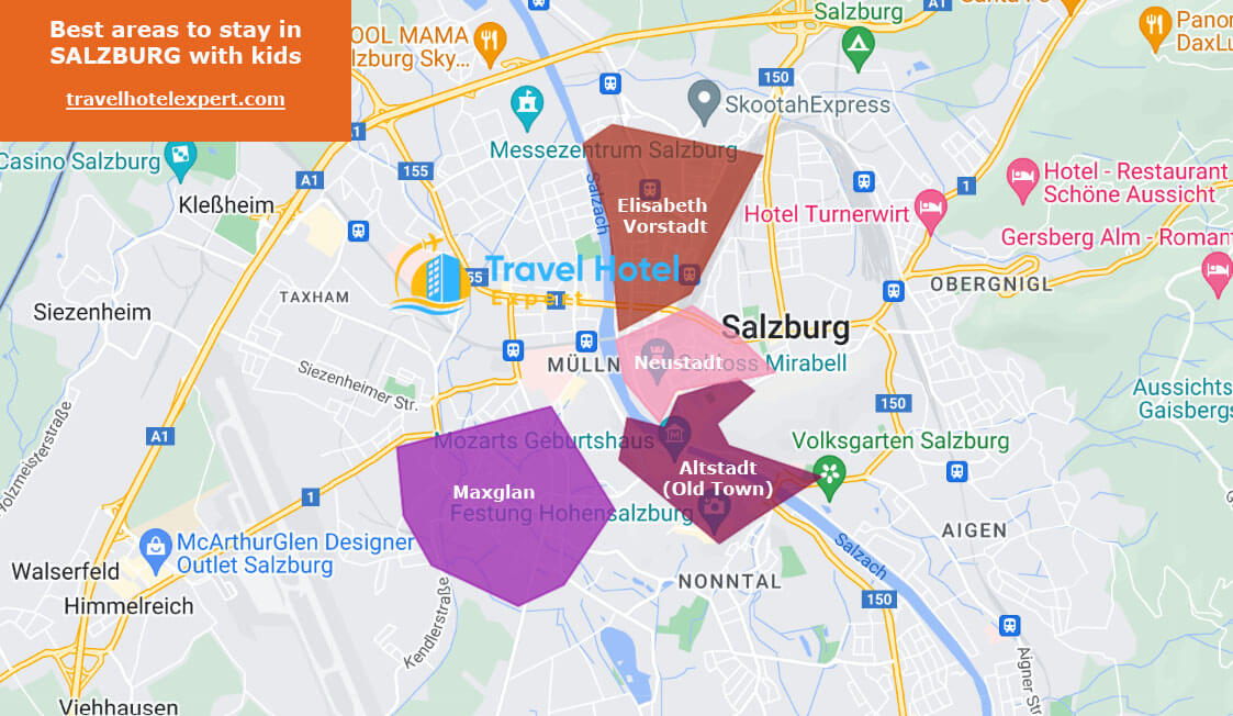 Map of the best areas to stay in Salzburg for families with kids