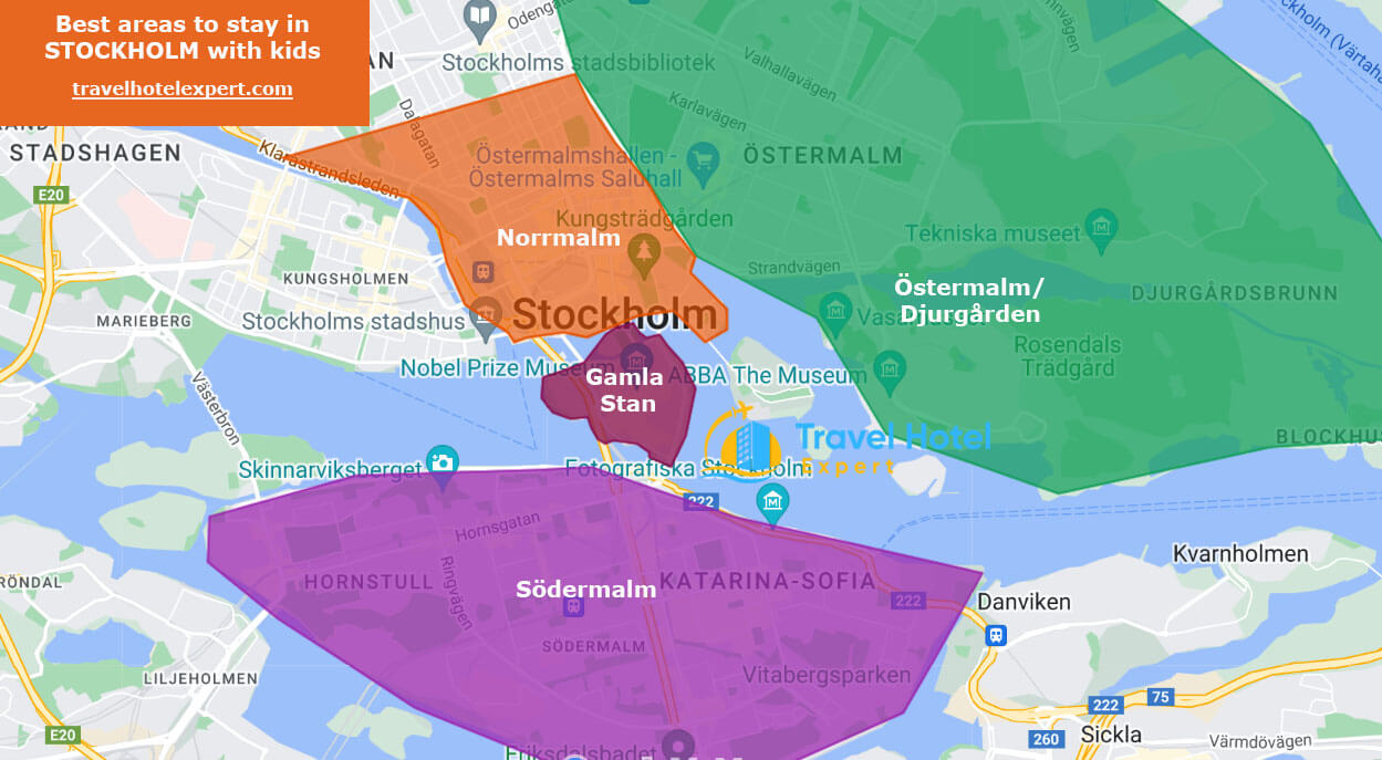 Map of the best areas to stay in Stockholm for families with kids