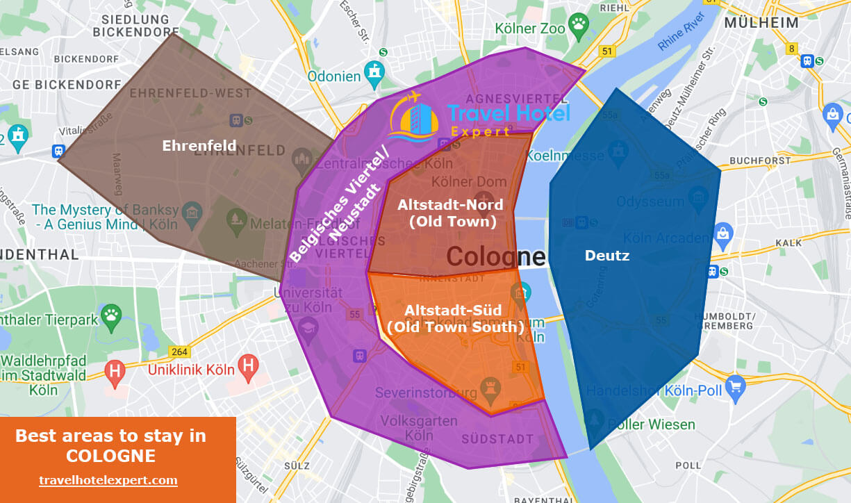 Map of the safe areas to stay in Cologne first time