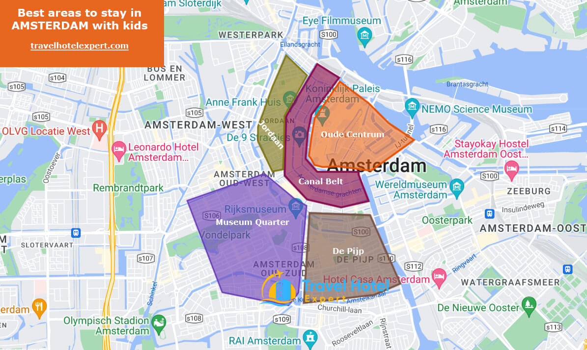 Map of the best areas to stay in Amsterdam for families with kids