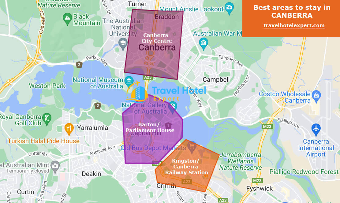 Map of the safe areas to stay in Canberra first time