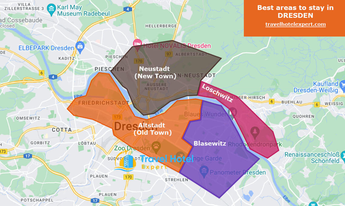 Map of the safe areas to stay in Dresden first time