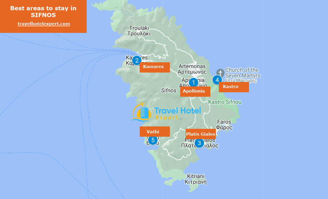 Map of the safe areas to stay in Sifnos first time