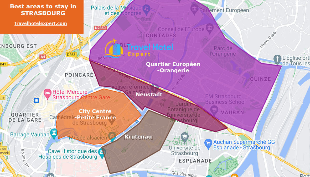 Map of the safe areas to stay in Strasbourg first time