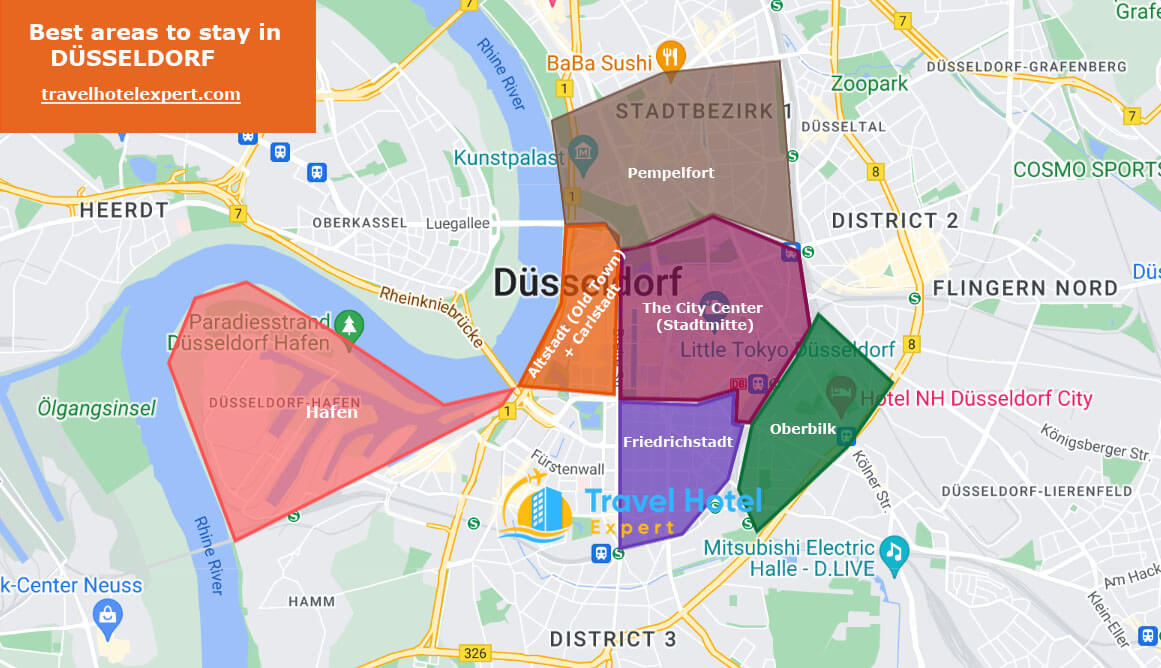 Map of the safe areas to stay in Düsseldorf first time